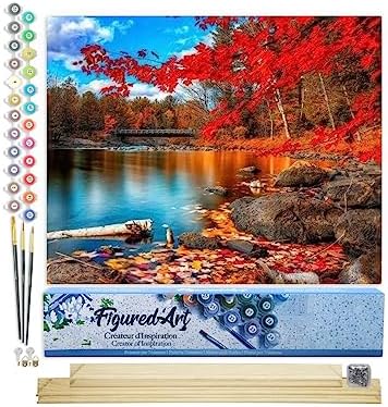 Figured'Art Paint by Numbers Kit for Adults River and Autumn Forest 16"x20" - Craft Art Painting Rolled Canvas with DIY Wooden Frame by FiguredArt