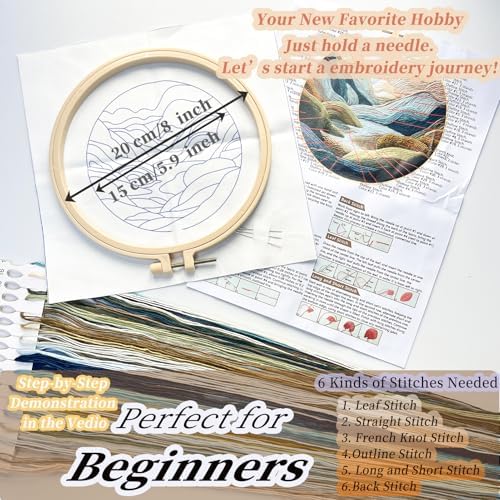 FONNUY Embroidery Kit for Beginners, Nature Hills Landscape Pre-Stamped Pattern Kits for Adults with Hoop, Easy to Follow Color Thread Needlework, 8'' Hoop (Green Hills) - Image 5