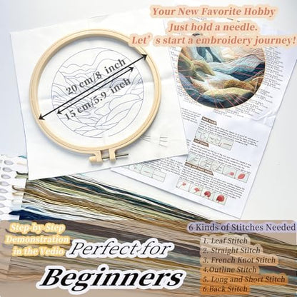 FONNUY Embroidery Kit for Beginners, Nature Hills Landscape Pre-Stamped Pattern Kits for Adults with Hoop, Easy to Follow Color Thread Needlework, 8'' Hoop (Green Hills) - Image 5