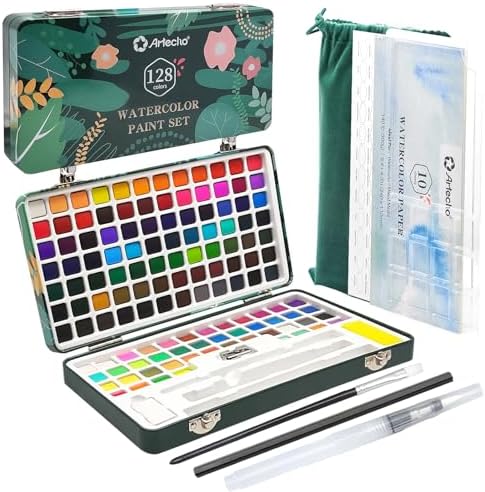 Artecho 128-Color Watercolor Paint Set with Metallics, Portable Tin Case by Artecho