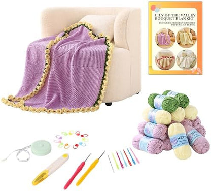 HZYZW Crochet Flower Blanket Kit for Beginners, 40'' Lily of The Valley Bouquet, Blanket Shawl Throw Kits for Adults, How to Knitting with Yarn, Home Decor Gifts for Crocheters (Purple-Yellow Lily) by HZYZW