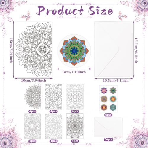 Gueevin 24 Pcs Mandala Coloring Greeting Cards with Envelopes and Stickers Floral Color Your Own Postcards 4 x 6 Flower Thank You Note Cards for Adults Wedding Birthday Gifting DIY Crafts Mailing - Image 2