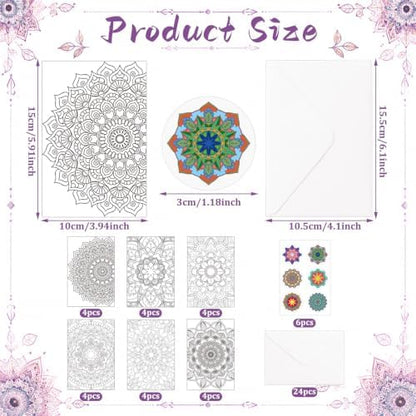 Gueevin 24 Pcs Mandala Coloring Greeting Cards with Envelopes and Stickers Floral Color Your Own Postcards 4 x 6 Flower Thank You Note Cards for Adults Wedding Birthday Gifting DIY Crafts Mailing - Image 2