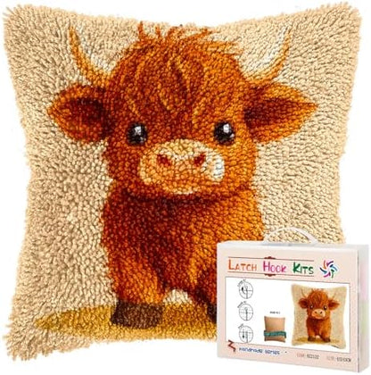 Latch Hook Pillow Kits for Adults Cute Baby Highland Cow DIY Pillow Cover Printed Pillowcase Crochet Hooking Yarns Handmade Cushion for Home Sofa Decoration 17x17inch(8) by Unknown