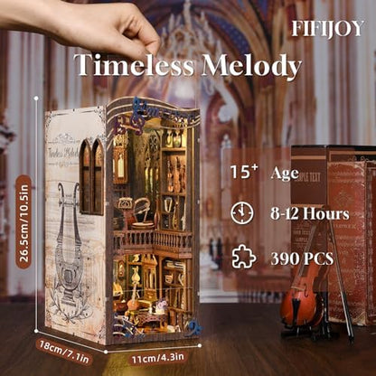 fifijoy Book Nook Kit Music, DIY Miniature House Kit Book Nook, 3D Wooden Puzzle Bookshelf Insert Diorama Kit with Led Light for Teens and Adults (Timeless Melody) - Image 5