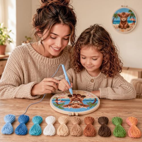 ZMHKJZDQ Punch Needle Kits for Beginners,DIY Punch Needle Embroidery with Fabric, Hoops, Yarns and Sewing Needles for Adults Children Festival Gift and Home Decor, 20x20cm (Starfish Highland Cow) - Image 4