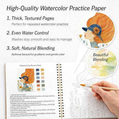 Watercolor Workbook for Beginners – People, 16 Original Watercolor Projects, Lay-Flat Watercolor Paper Book(9.45 × 7.48 in), Water Coloring Book for Adults, Art Gift - Image 7