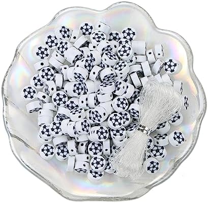 100pcs Sports Polymer Clay Beads Football Beads DIY Jewelry Making for Earring Bracelet Necklace Key Chains Craft Accessories (White Football) - Image 2