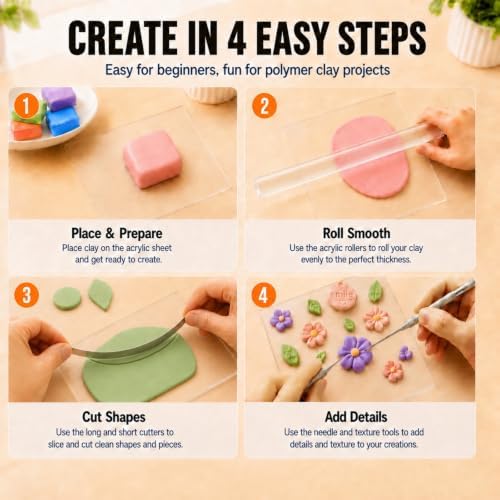 12 Pcs Polymer Clay Tools Kit, Acrylic Roller Rolling Pin Cutters - Image 4