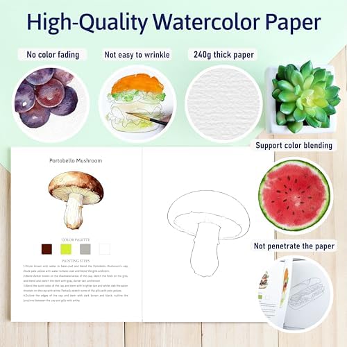 CraftyManor Watercolor Workbook Creative Insect Water color Paint Book Set with Paints & Brush, 12 Patterns of Original DIY Designs, Beginner-Friendly Adult Coloring Books (Mushroom) - Image 4
