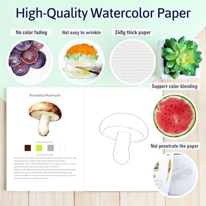 CraftyManor Watercolor Workbook Creative Insect Water color Paint Book Set with Paints & Brush, 12 Patterns of Original DIY Designs, Beginner-Friendly Adult Coloring Books (Mushroom) - Image 4