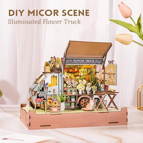 DIY Miniature House Kit (Flower Truck) Tiny Dollhouse Kits for Adults to Build, Mini Model Kits with LED, Wooden Adults Crafts Puzzles, Birthday Gifts for Family Friends - Image 2