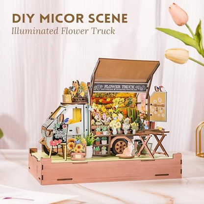 DIY Miniature House Kit (Flower Truck) Tiny Dollhouse Kits for Adults to Build, Mini Model Kits with LED, Wooden Adults Crafts Puzzles, Birthday Gifts for Family Friends - Image 2