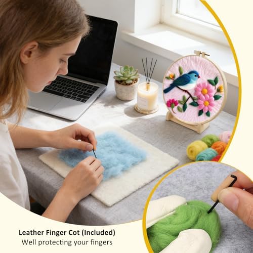 Zovylks Needle Felting Kit for Adults, 7.9 Inch Wool Felt Painting DIY Craft Set for Beginners, Needle Felt Starter Kit with Picture Frame, Foam Pad, Finger Cot (Pink Flower Blue Bird) - Image 5