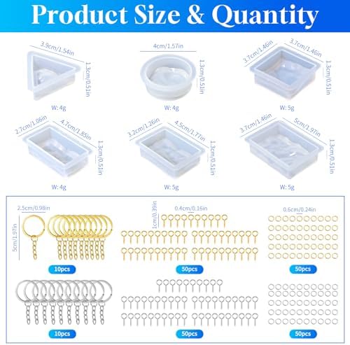 226Pcs Resin Keychain Molds Set - Triangle, Round, Square, Rectangle Ripple Pendant Molds with Keychain Accessories, Perfect Epoxy Resin Silicone Molds for DIY Jewelry Making - Image 4