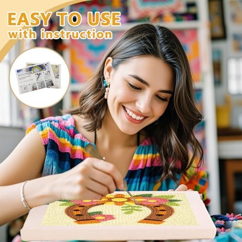 DOODLREAM Floral Horseshoe Needle Kit for Beginner, 9.4"x 9.4" Country Farm Punch Stitching Craft Set, DIY Embroidery Starter with Printed Frame, Instruction, Threader, Yarn, Punch Needle - Image 3