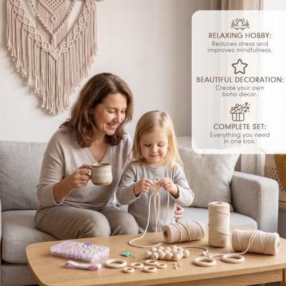 Rivvlive Macrame Kit for Adults Beginners 249 Pcs, 436yd 3mm Cotton Cord Wood Rings Dowels, Beads Needle Threader Gift Box & Digital Instruction Book for Bohemian Decor Craft Projects (Beige) - Image 6