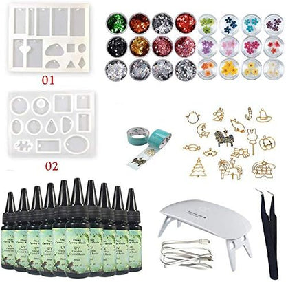 10x30ml Crystal Clear UV Epoxy Resin with Holographic Glitter Dried Flowers 2 Pendant Molds 17 Bezels & Tapes, Resin Kit with Portable UV Lamp & Tweezers for Jewelry Making Resin Crafts DIY by VidaRosa