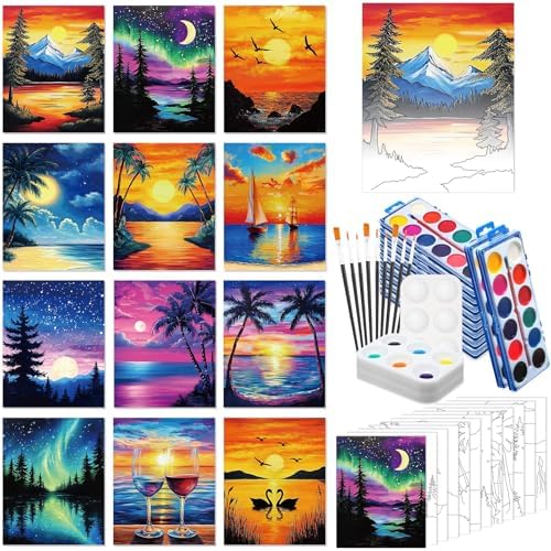 Ctosree 12 Sets Pre Drawn Canvas Kit for Painting,Summer Sunset,8 x 10 in by Ctosree