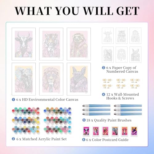 6 Pack Paint by Numbers Kit for Adults, Colorful Animal Canvas Painting Set - Image 4