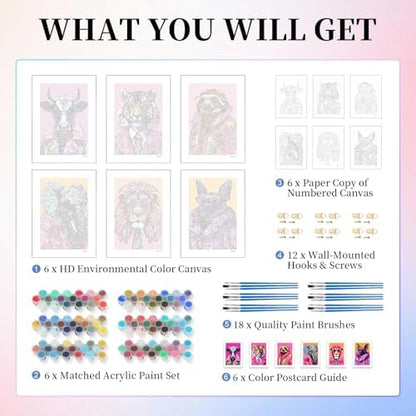 6 Pack Paint by Numbers Kit for Adults, Colorful Animal Canvas Painting Set - Image 4