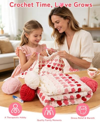 Arborthread Crochet Blanket Kit for Beginners Ombre Pink Heart Pattern - Image 6