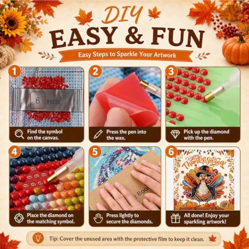 12 PCS Diamond Art Thanksgiving Cards with Envelopes, Thanksgiving Crafts for Adults, Fall Diamond Painting Kits for Card Making, Holiday DIY Kits (Orange) - Image 4
