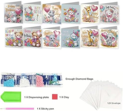 jinglinhh 12pcs Diamond Art Painting Birthday Bear Elephant Giraffe Flower Balloon Greeting Cards with Envelopes, DIY Card Making Kits for Adults, Diamond Art Postcards Christmas Cards Craft Gifts - Image 3