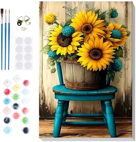 Bowetile Framed Paint by Numbers Sunflower Kit for Adults, Adults' Paint-by-Number Flowers Kits on Canvas, Painting by Numbers Chair, DIY Acrylic Number Painting for Home Wall Decor, 8x12in by BOWETILE