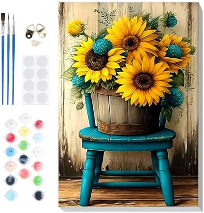 Bowetile Framed Paint by Numbers Sunflower Kit for Adults, Adults' Paint-by-Number Flowers Kits on Canvas, Painting by Numbers Chair, DIY Acrylic Number Painting for Home Wall Decor, 8x12in by BOWETILE