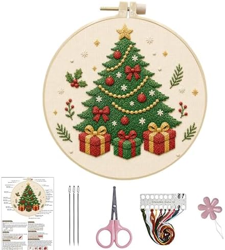 DIYDeligths Christmas Embroidery Kit for Beginners Adults Pre Printed Pattern Hand Needlepoint Craft DIY Art Set with 7.87in Hoop Needle Threads Instructions (Christmas Tree) by DiamondPaintingOrnament