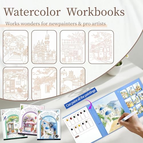 NaTuGi 3Pac Watercolor Workbook for Adults,Watercolor Coloring Book,Portable Watercolor Painting Books,Creative Stress Relief Kit,Suitable for Beginners Birthday Gift (Architecture Series 3pc) - Image 2