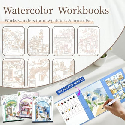 NaTuGi 3Pac Watercolor Workbook for Adults,Watercolor Coloring Book,Portable Watercolor Painting Books,Creative Stress Relief Kit,Suitable for Beginners Birthday Gift (Architecture Series 3pc) - Image 2
