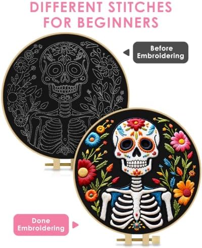 TINDTOP Embroidery Kit for Adult Beginners, Embroidery DIY Starter Kit, with Stamped Patterns, Hoop, Tools, Colorful Threads with Needles, Instructions (Skeleton C) - Image 3