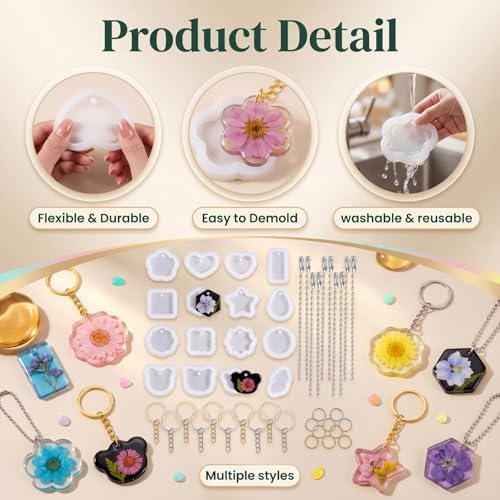 Resin Keychain Molds, 46 Pcs Silicone Molds with Hole, Variety Shaped Resin Key Chain Mold Making Set DIY Ornaments Crafts Supplies Teacher Appreciation Gifts - Image 4