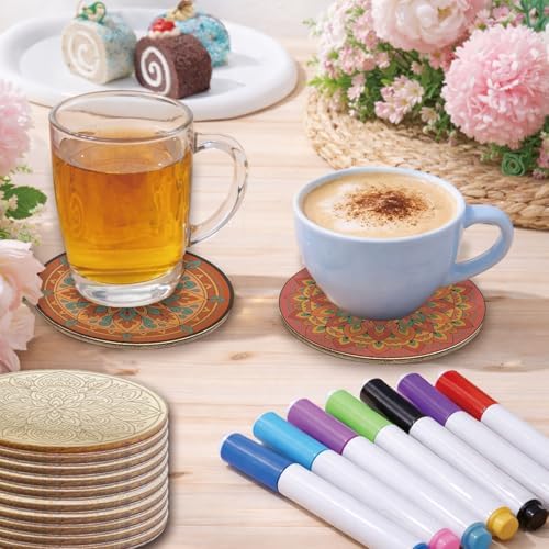 26PCS Wood Coasters Craft Kit 10 Paint You Own Coaster with 16 Markers Wooden Coasters Painting Set for Adults and Beginners DIY Coaster Kit Mandala Painting Crafts Art Supplies(Mandala) - Image 4