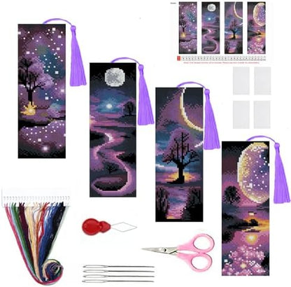 4PC Starry Night Counted Cross Stitch Bookmark Kit for Adults Beginners by Paintcolordiamondpainting