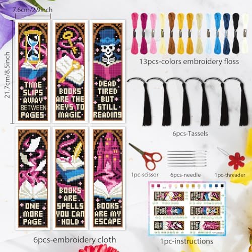 INFUNLY 6 Pcs Magic Book Cross Stitch Bookmark Kit with Tassels, Stamped Pre-Printed Embroidery for Adult Beginners, Tools with Floss Scissors Needles Instructions, DIY Gift for Book Lovers - Image 3