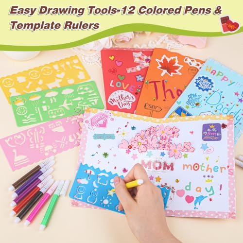 Ohanniewa 30 Pack Card Making Kit – Blank Greeting Cards & Envelopes, Stamp Set, 12 Colored Pens, Stencil Cards, Festival Stickers – DIY Craft Set for Birthdays, Christmas, Thank You & All Occasions - Image 6