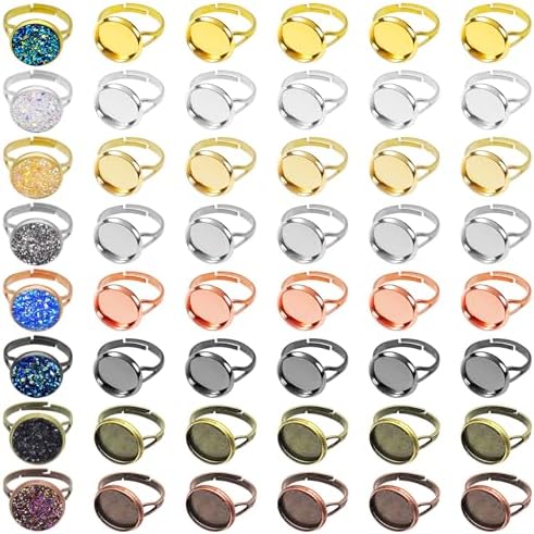 Oubaka 64pcs Blank Rings 12mm Adjustable Blank Rings Adjustable Flat Ring Metal Round Finger Ring Trays Round Pad Ring Trays Adjustable Ring Blanks Bezel Trays for Rings Making DIY Crafts(8 Colors) by Oubaka