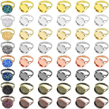 Oubaka 64pcs Blank Rings 12mm Adjustable Blank Rings Adjustable Flat Ring Metal Round Finger Ring Trays Round Pad Ring Trays Adjustable Ring Blanks Bezel Trays for Rings Making DIY Crafts(8 Colors) by Oubaka
