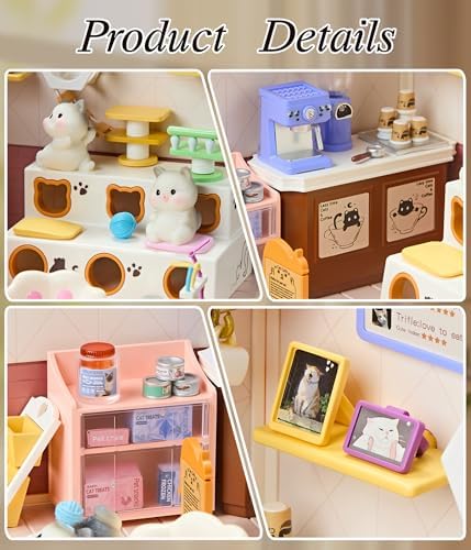 Cute Cat Cafe DIY Miniature House Kit with Roof & LED Light, Stackable & Connectable Dollhouse Kit with Dustproof Door, Creative DIY Crafts Building Toy Gift for Adults Teens - Image 4