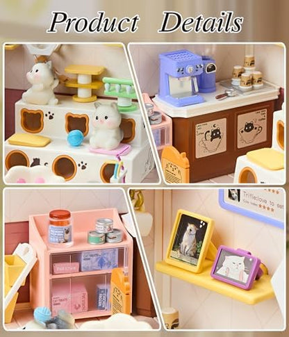 Cute Cat Cafe DIY Miniature House Kit with Roof & LED Light, Stackable & Connectable Dollhouse Kit with Dustproof Door, Creative DIY Crafts Building Toy Gift for Adults Teens - Image 4