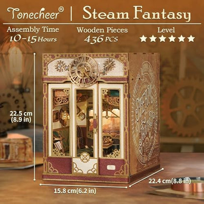 Tonecheer DIY Book Nook Kit for Adults, Miniature Infinity Train Cabin Steam Age Vintage Carriage Model, Wooden 3D Puzzle Dollhouse Booknook Decorative Bookend Gifts (Steam Fantasy) - Image 2