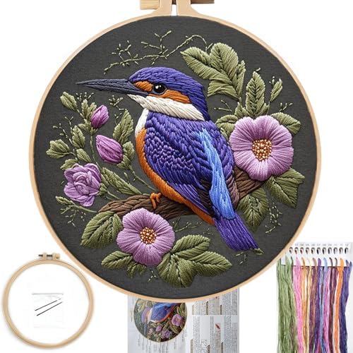 FONNUY Embroidery Kit for Beginners, Birds with Flowers Pre-Stamped Pattern Kits for Adults with Hoop, Easy to Follow Color Thread Needlework, 8'' Hoop (Purple 1) by FONNUY