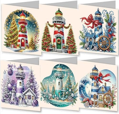 6PCS DIY Diamond Art Painting Greeting Card Set Xmas Lighthouse Rhinestone Diamond Art Mosaic Postcards for Xmas Birthdays Thanksgiving & Special Occasion - Image 5