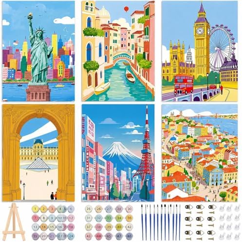 EggSun 6 Pack Framed Paint by Numbers Kit for Adults,Beginners with Wooden Easel,DIY Acrylic Oil Painting Paint by Numbers Kits on Canvas for Home Decor(Scenery-Cityscape,8x12Inch) by EggSun