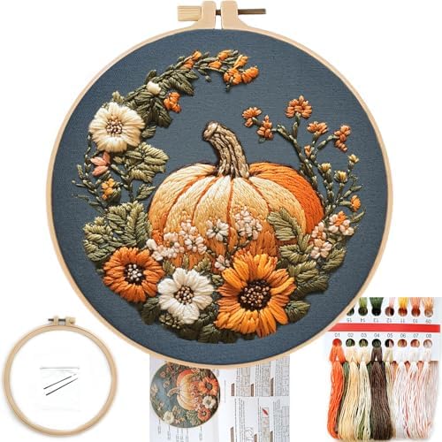 FONNUY Pumpkin Embroidery Kit for Beginners, Pre-Stamped Pattern Kits for Adults with Hoop, Easy to Follow Color Thread Needlework, 8'' Hoop (Yellow) by FONNUY