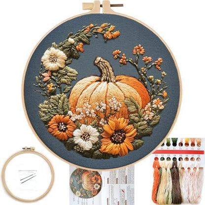 FONNUY Pumpkin Embroidery Kit for Beginners, Pre-Stamped Pattern Kits for Adults with Hoop, Easy to Follow Color Thread Needlework, 8'' Hoop (Yellow) by FONNUY