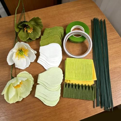 Mybbshower Sage Green White Crepe Paper Poppy Flower DIY Making Kit for Home Table Decor Gift Craft 24 pcs - Image 2